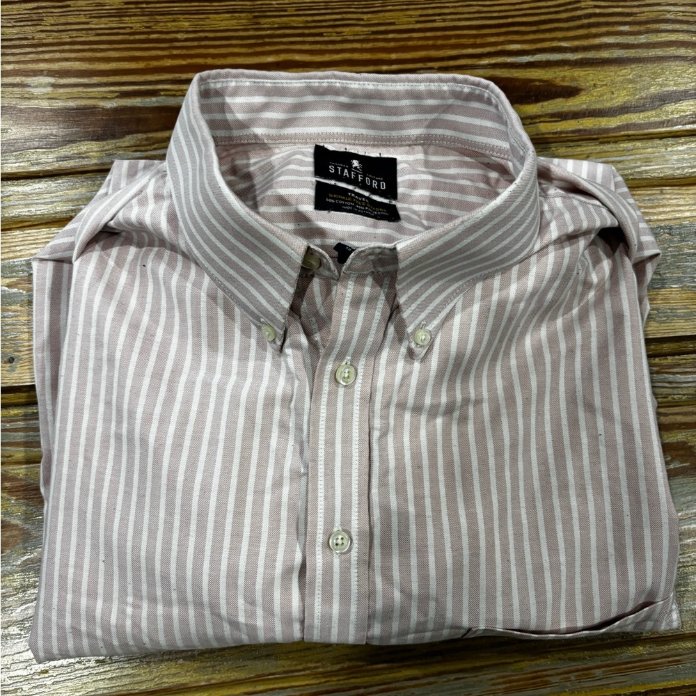 Stafford Men's Light Pink and White Striped Dress Shirt